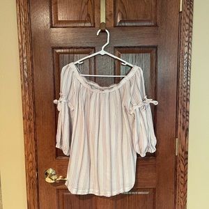 Peasant blouse, Max Studio, size L, ivory with red and black pin stripes